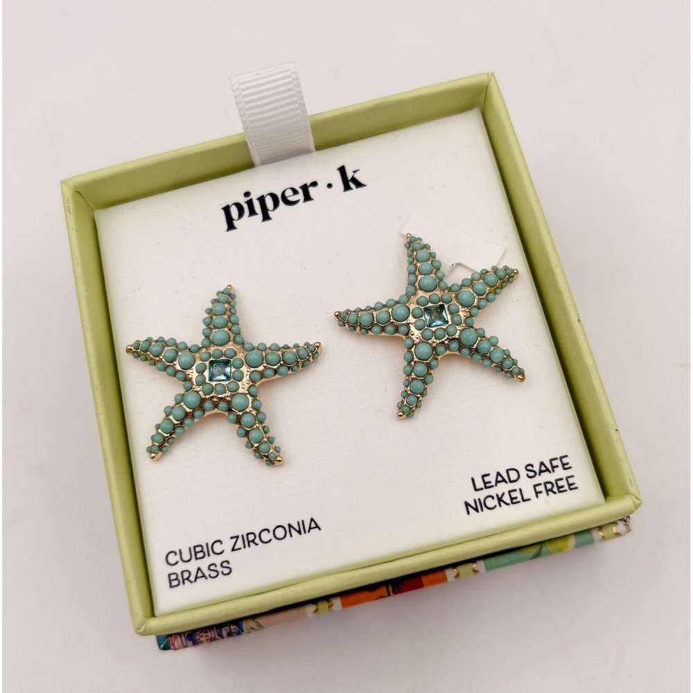 Piper‎ K Turquoise Beaded Starfish Stud Earrings Cubic Zirconia Brass Gold Tone